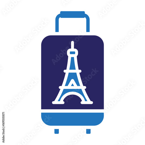 Blue travel luggage icon with an Eiffel Tower symbol, representing a vacation to Paris, France. A minimalist vector graphic for tourism and journey concepts