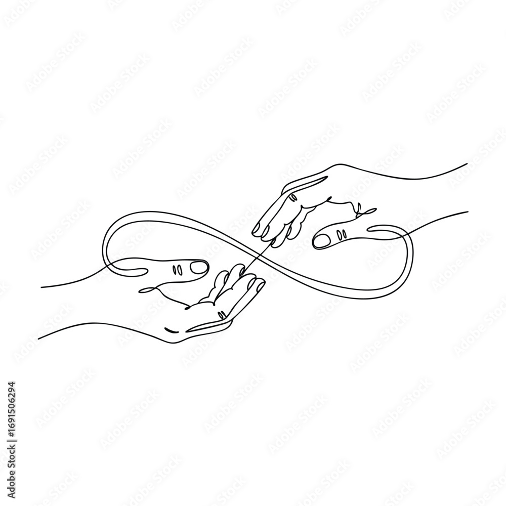 Fototapeta premium Continuous oneline drawing of two hands creating an infinity loop symbol of eternal connection.