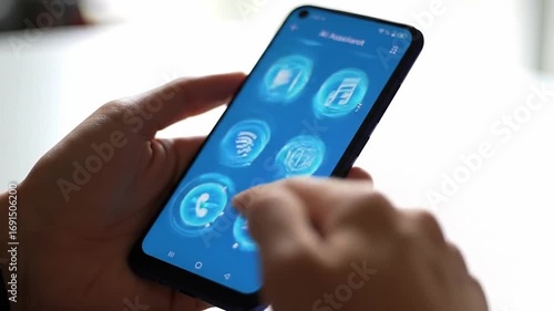 Wallpaper Mural AI Artificial Intelligence,Digital chatbot, Man chatting with digital assistant chatbot on mobilephone on internet application,Future of customer service man utilizes AI chatbot for instant assistance Torontodigital.ca