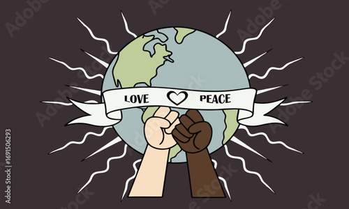 Diverse raised fists support globe showing love and peace on ribbon above neutral backdrop