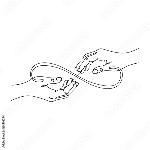 Continuous oneline drawing of two hands creating an infinity loop symbol of eternal connection.