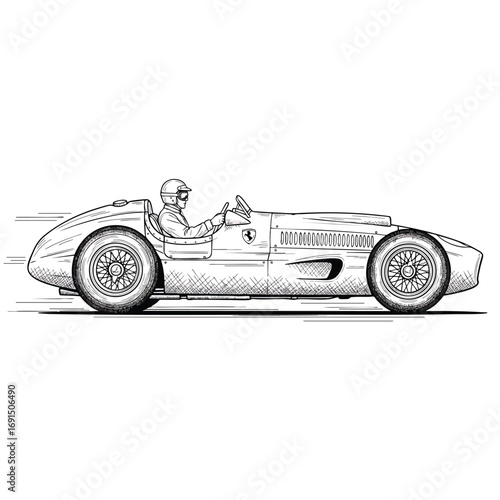 Detailed side profile sketch of a vintage opentop racing car with a driver showing motion.