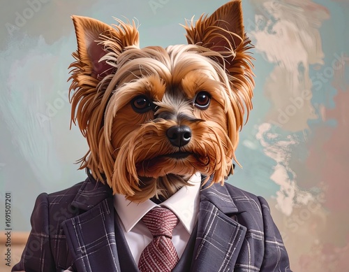 A dog wearing a suit, looking directly at the viewer