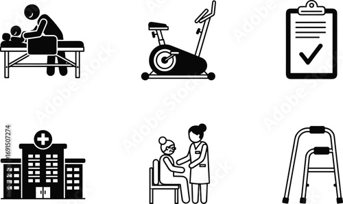 Healthcare, physical therapy, rehabilitation, hospital, medical care, elderly support, mobility aid, exercise bike, treatment, wellness, clinic, caregiver, walker, checklist, documentation