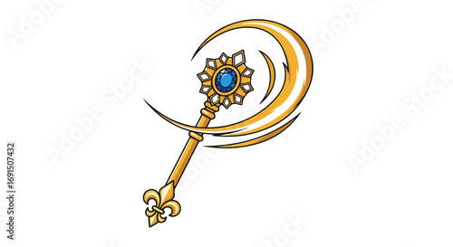 Golden Crescent Moon Key Ornate Magical Staff.