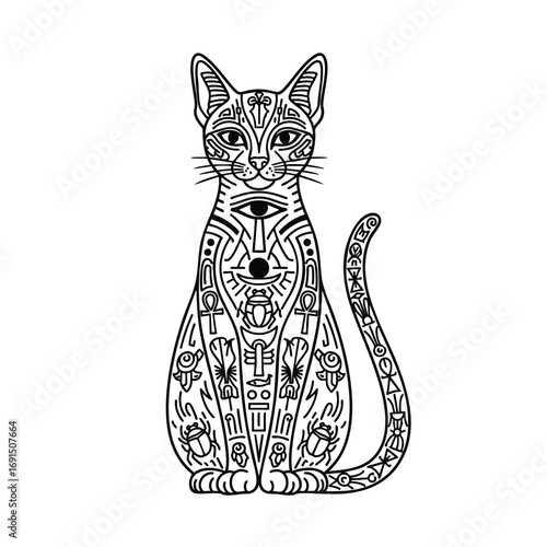 Intricate black and white line art of a sitting Egyptian cat adorned with sacred hieroglyphic symbols.