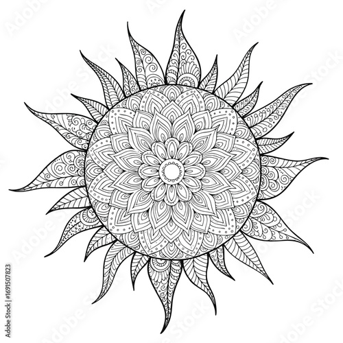 Intricate black and white sun illustration with a floral mandala center and decorative leaf rays.