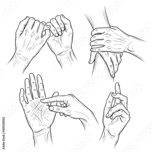 Line art illustration set of human hands in different poses promise support palmistry pointing.