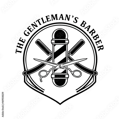 Vintage Barber Shop Logo Emblem with Barber Pole, Straight Razors, and Scissors
