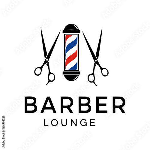 Modern Barber Lounge Logo Design with Classic Barber Pole and Crossed Scissors for Hairdressing Salon Branding