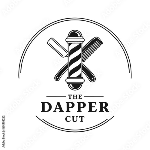 Barbershop Logo with Classic Barber Pole, Straight Razor, and Comb, Featuring "The Dapper Cut" Text