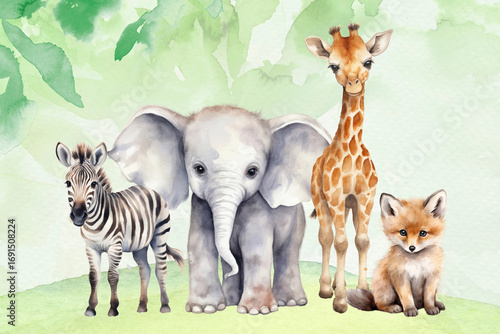 Photography Cute wild animals, watercolor illustration remix