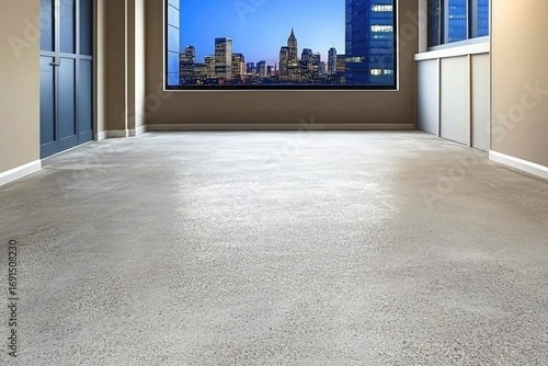 Empty room with grey carpet floor and city skyline view outside large window, modern minimalist interior space design background