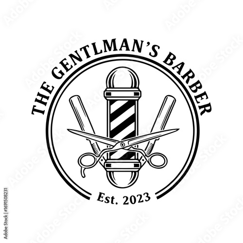 Classic Gentleman's Barber Shop Logo featuring Barber Pole, Scissors, and Razors, Established 2023, for Men's Grooming