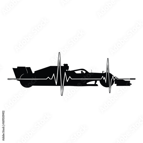 Sleek Formula One race car silhouette integrated with an electrocardiogram heartbeat line.