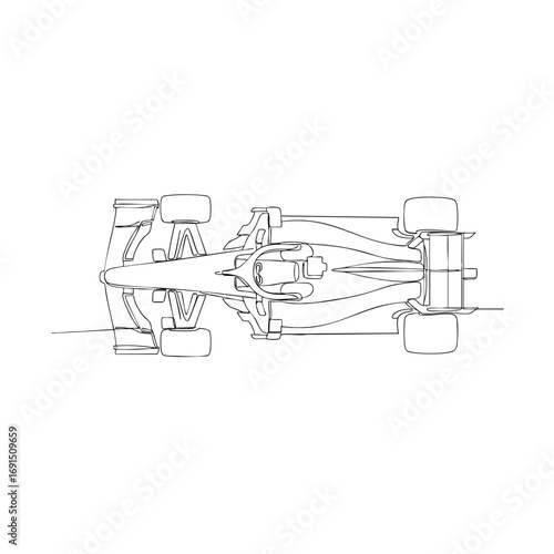 Sleek modern Formula 1 race car seen from above in a minimalist line art drawing.