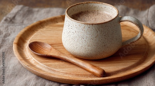 Creamy beverage in speckled mug on wooden plate