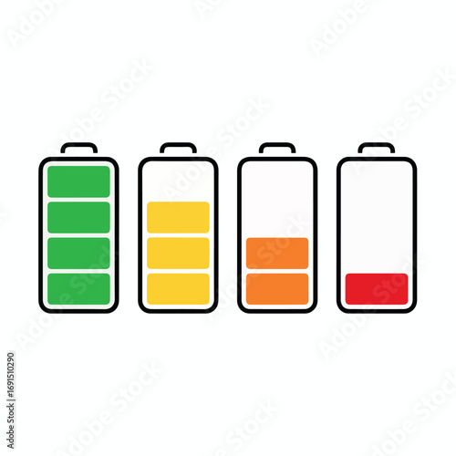 Battery charge indicator vector illustration showing full medium low and empty power level status indication 100