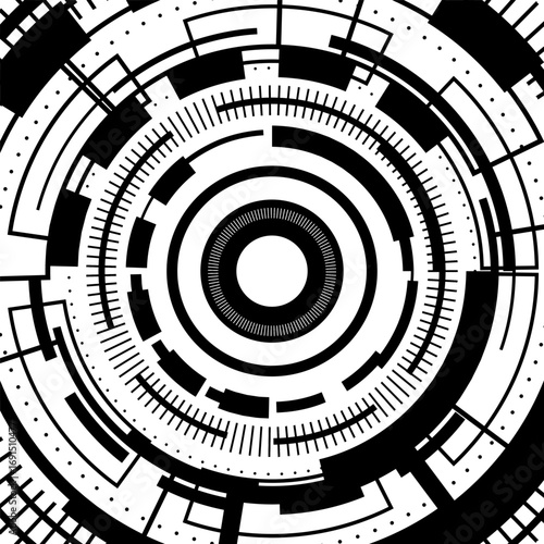 technology abstract futuristic hud circular pattern black and white geometric design digital blueprint concentric lines dots sci fi interface hightech background innovation detail symmetry concept