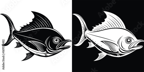 Dynamic monochrome fish design, perfect for logos, branding, and nautical themes, evoking power and nature's elegance.