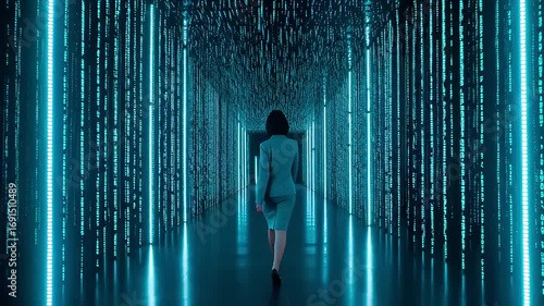 Woman in a sleek suit walking through a futuristic corridor illuminated by glowing blue lights