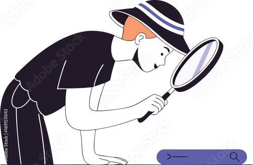 Person wearing coral hat orange t shirt magnifying glass searching for clues vector graphic white background