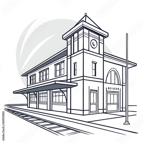 Detailed Line Art Depiction of a Classic Train Station.