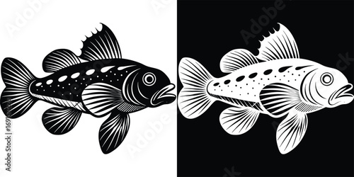 Striking black and white fish illustrations, perfect for aquatic themes, fishing, and seafood branding projects.