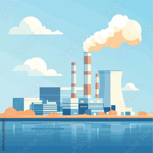 Create a detailed vector illustration of a large-scale bioenergy facility, showcasing biomass processing and energy generation. , vector style simple color