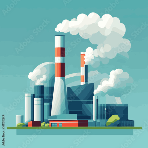 Create a detailed vector illustration of a large-scale bioenergy facility, showcasing biomass processing and energy generation. , vector style simple color