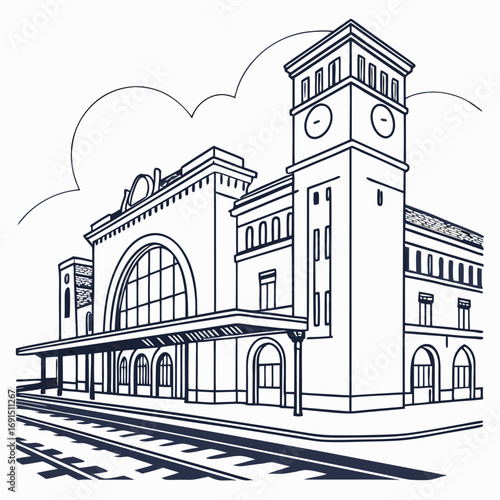 Detailed illustration of a classic train station building with clock tower.