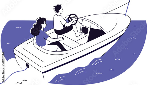 Vector illustration of a white speedboat with two people gliding on blue water white background