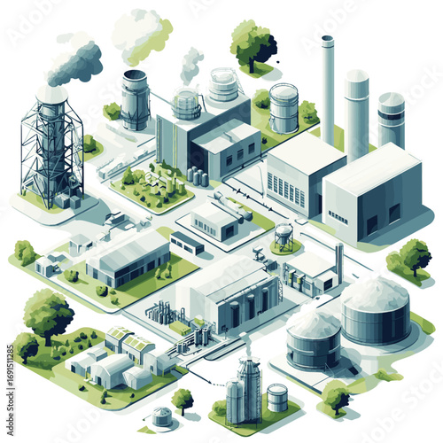 Create a detailed vector illustration of a large-scale bioenergy facility, showcasing biomass processing and energy generation. , vector style simple color
