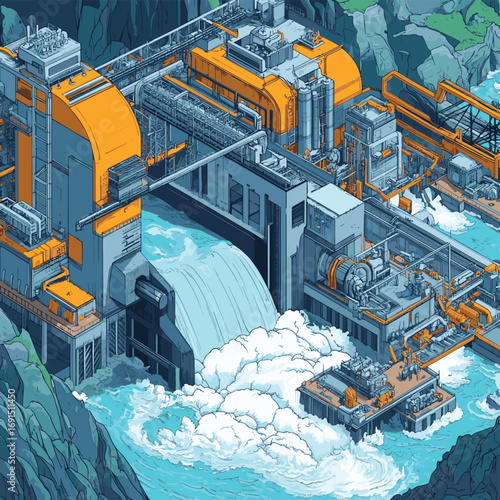 Create a detailed vector illustration of a large-scale bioenergy facility, showcasing biomass processing and energy generation. , vector style simple color