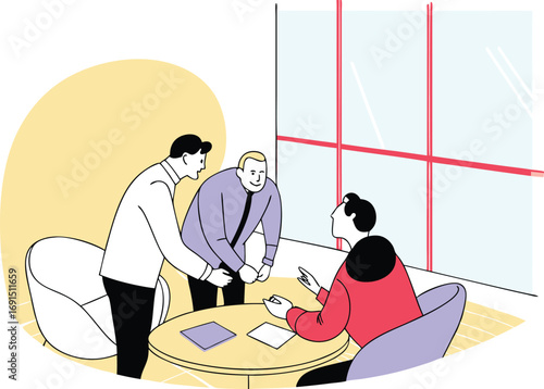 Modern office meeting vector illustration of professionals collaborating around a table white background