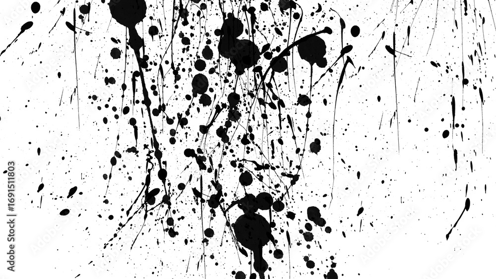 Obraz premium Abstract ink splatter with black on transparent background. A dynamic and chaotic effect, movement with different sizes of spots, splashes, drips, drops and smudges. drip splash, splat messy inkblot.