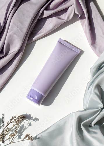 Lavender-toned Skincare Tube on Silken Fabric with Dried Flowers mockup