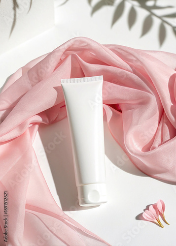 Minimalist Skincare Product with Pink Fabric and Leaf Shadows on White Surface mockup