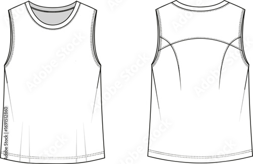 Technical fashion sketch, sleeveless women's top, front and back view, garment design, pattern making, apparel template, clothing blueprint, vector illustration