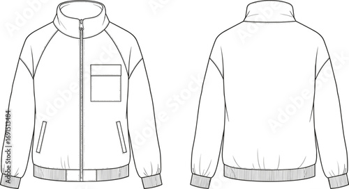 Technical flat sketch, fashion design template, men's jacket front and back, raglan sleeve, zip closure, ribbed hem, apparel blueprint