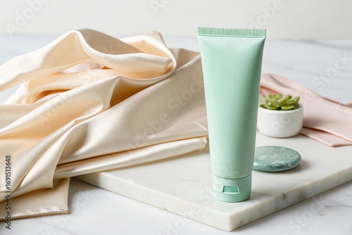 Mint Green Lotion Tube on Marble with Beige Silk mockup