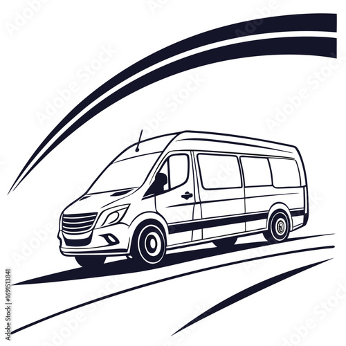 Monochrome Sketch of a Modern Passenger Van on a Road.
