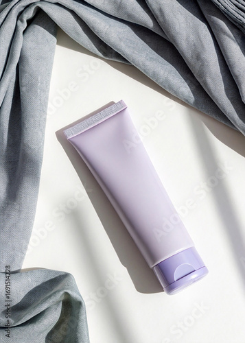 Lavender Cream Tube with Gray Linen on White Background, Minimalist Beauty Still Life mockup
