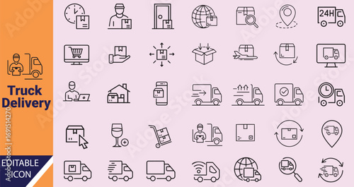 A set of black outline icons depicts themes of delivery and shipping service on a light backdrop