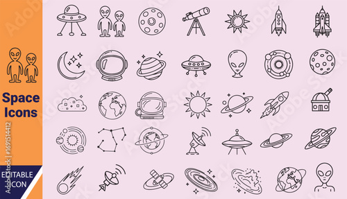 Collection of outline space exploration icons displaying planets, rockets, aliens, and scientific tools with a transparent background