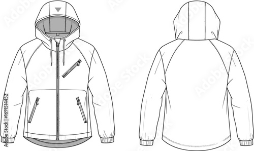 Technical jacket design, front and back view, hooded outerwear, zipper pockets, fashion sketch, garment blueprint, apparel illustration, clothing concept