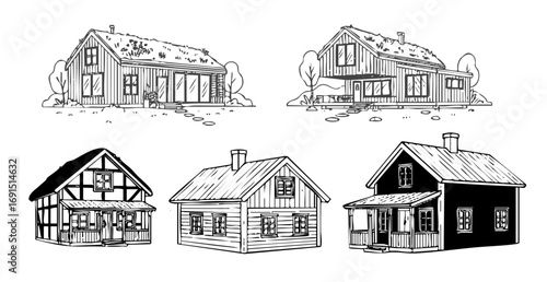 Häuser Lineart Vektorgrafik skandinavisch Landhaus Sammlung Architektur Zeichnung