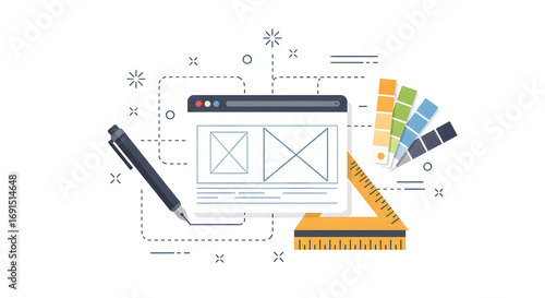 Conceptual illustration representing the creative workflow for web design, user interface layout, and application development