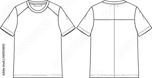 Technical flat sketch, short sleeve t-shirt, raglan design, crew neck, fashion template, garment construction, apparel vector, clothing blueprint, textile illustration