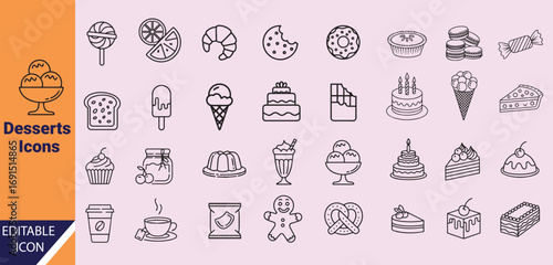 Simple line art shows various dessert items including cake, ice cream, and candy
